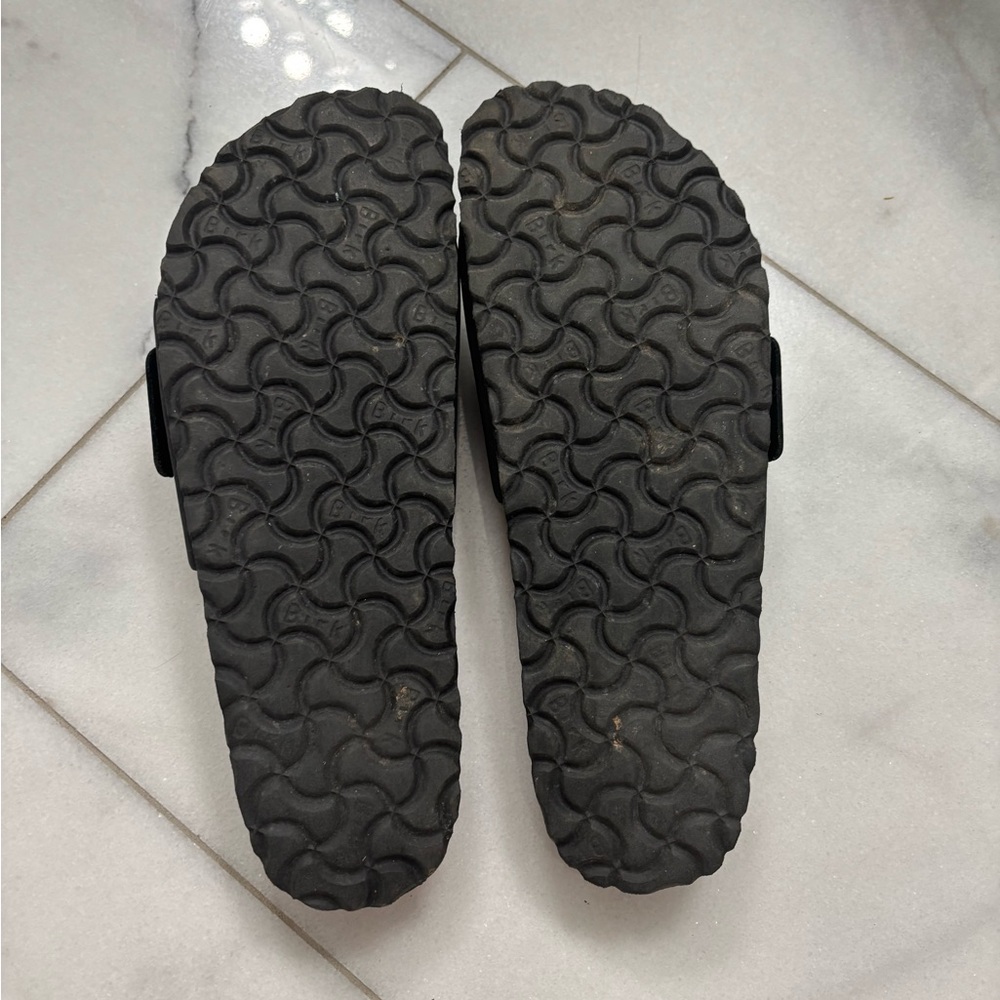 Birkenstock Black Suede Single Strap Slide with Gold Buckles - Picture 4 of 4